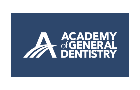 The academy of general dentistry logo is on a blue background.