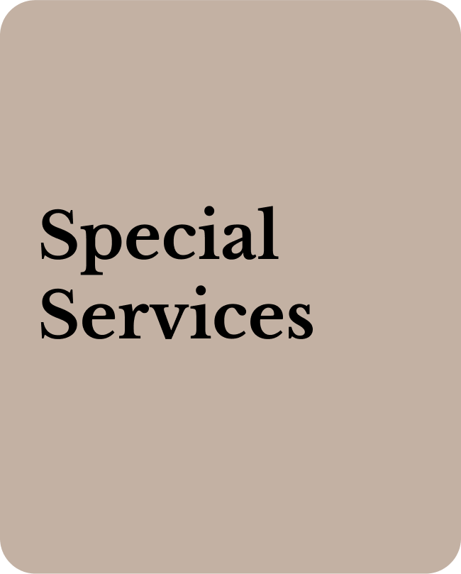 A beige square with the words `` special services '' written on it.