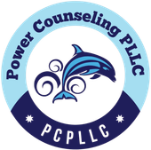 Logo for Power Counseling PLLC, featuring a dolphin leaping through waves in a blue and white circle.
