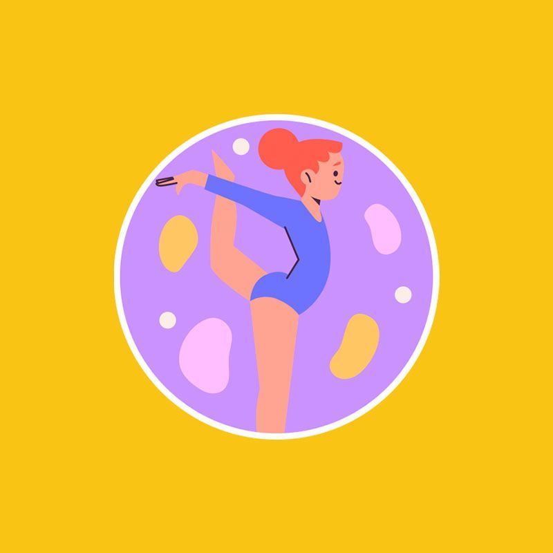 Uma garota está fazendo uma pose de ioga em um círculo sobre um fundo amarelo.