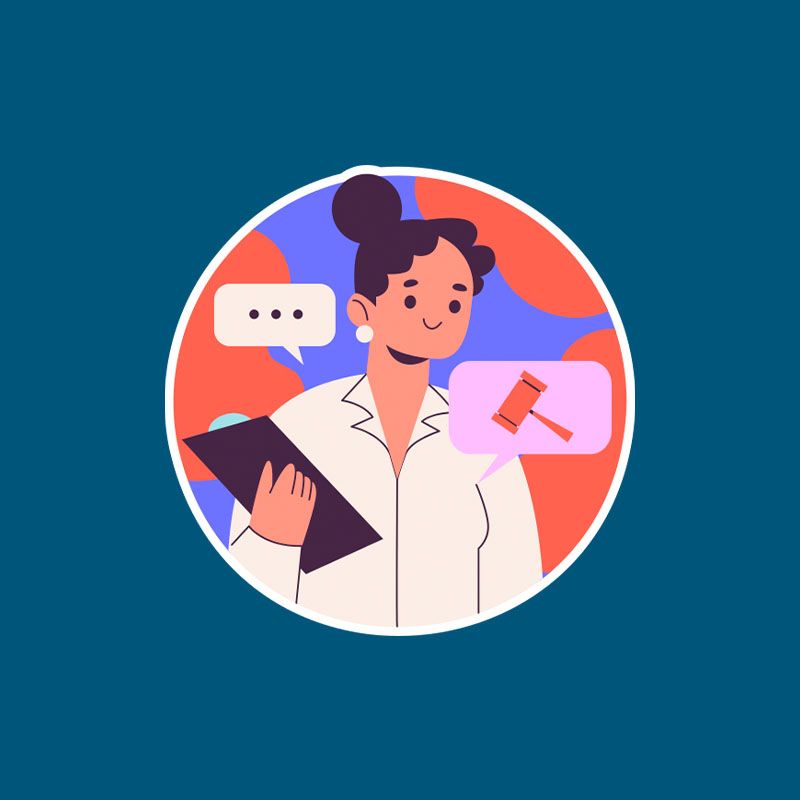 Uma mulher está segurando uma prancheta e um martelo de juiz.