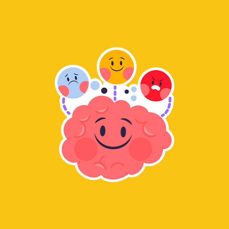 Uma ilustração de desenho animado de um cérebro com diferentes expressões faciais.