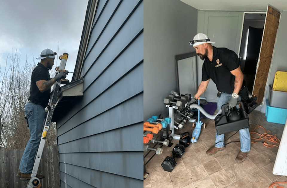Man on a ladder cleaning a gutter, then inside carrying tools, wearing a hard hat, and jeans.
