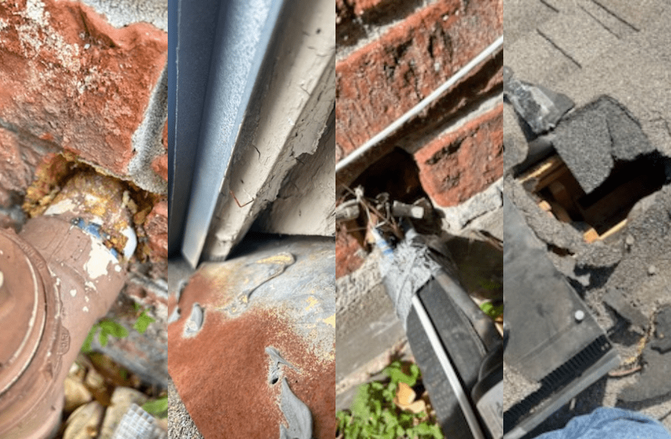 Four images showcasing building damage: brick and pipe corrosion, peeling paint, gutter issues, and a roof hole.
