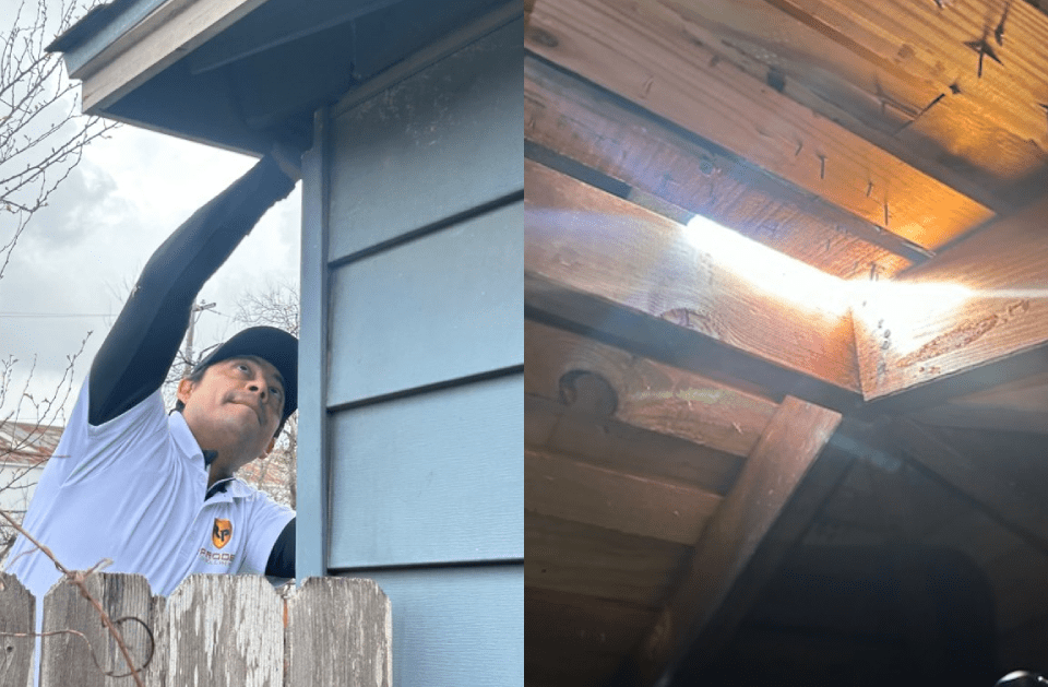Person painting house exterior; sunlight streams through the roof's wooden structure.