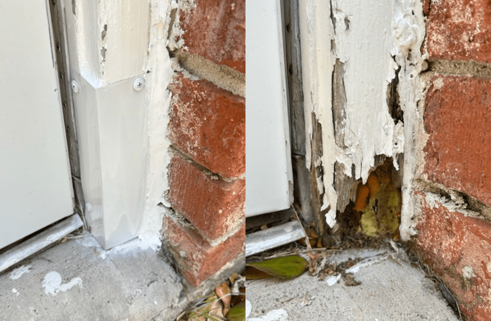 Two photos: deteriorating white painted door trim next to brick, with peeling paint and exposed interior.