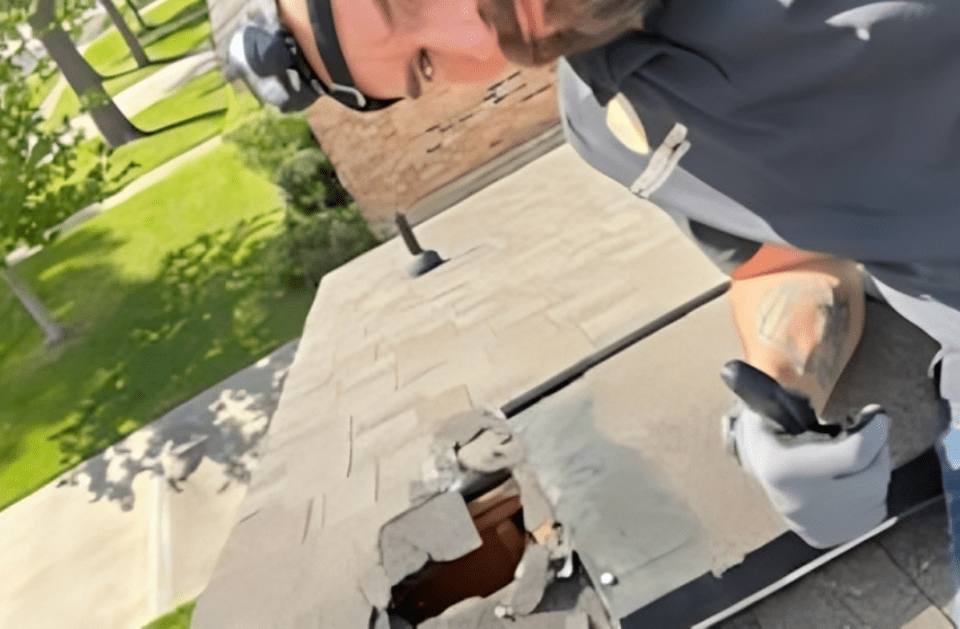 Man on rooftop inspecting damage to shingles. Bright sunlight and green grass visible.