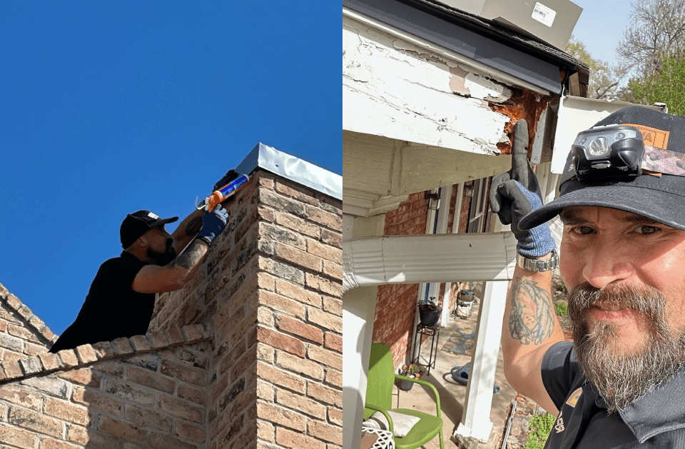Man applying sealant on a brick structure, then posing near damaged siding, both outdoor.