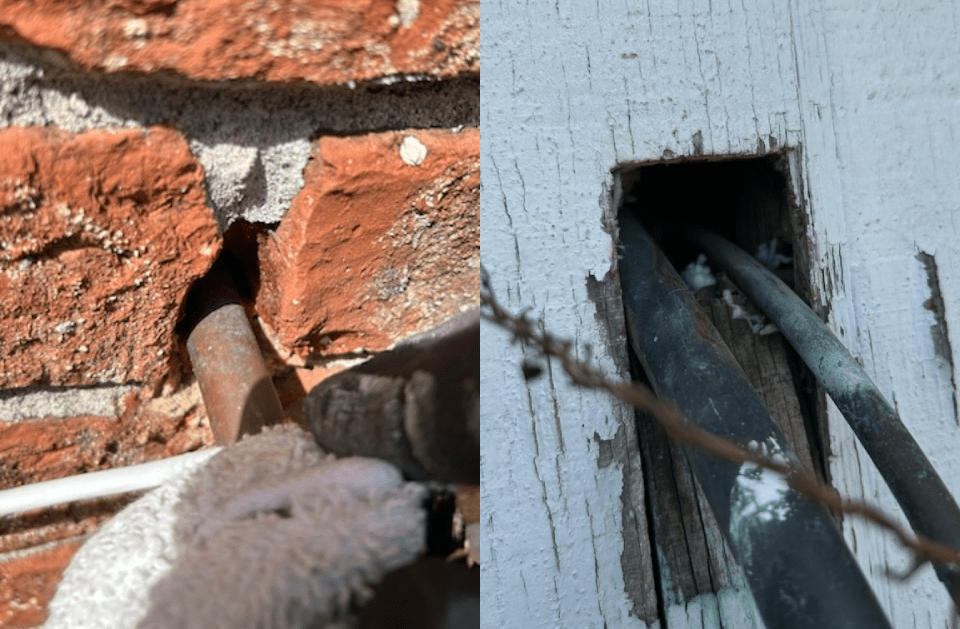 Two close-up views of cables exiting walls. Left: brick wall. Right: wood wall. Cables in holes, some deterioration.