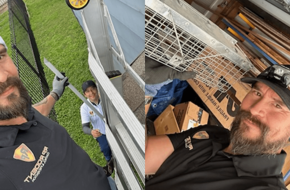 Man in black shirt cleaning gutters, other side man in black shirt inside a cluttered area.