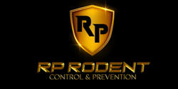 Golden logo on black background: RP letters inside a shield, "RP RODENT CONTROL & PREVENTION."