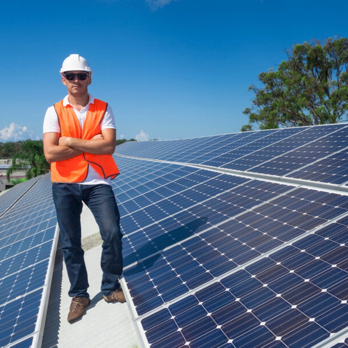 A man wearing an orange vest and hard hat is standing in front of a row of solar panels