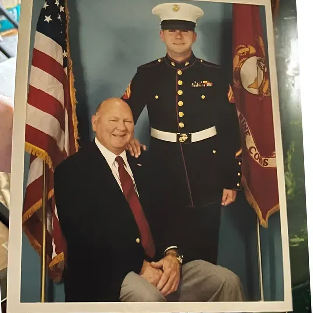 Picture of Clyde Ross and Wesley C. Ross 'Camp' when Camp officially became a Marine.