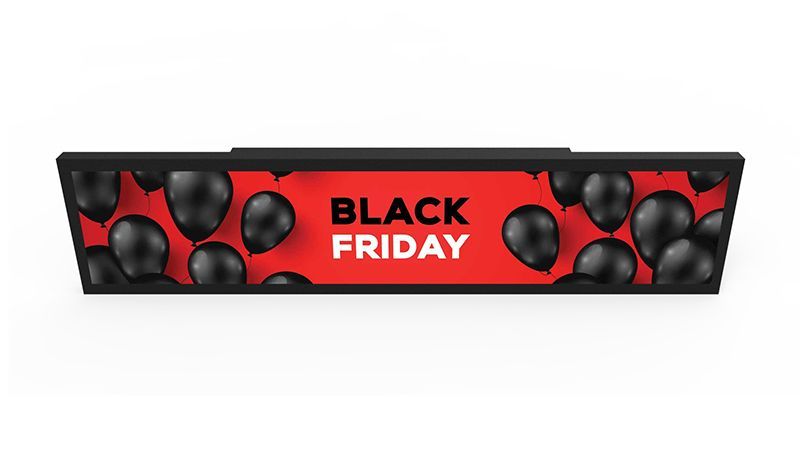 A black friday banner with black balloons on a red background.
