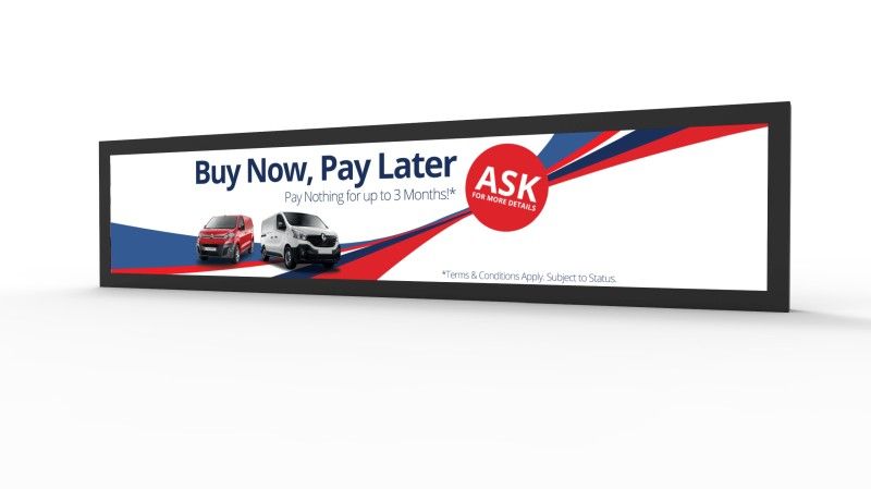 A billboard that says `` buy now , pay later '' with cars on it.