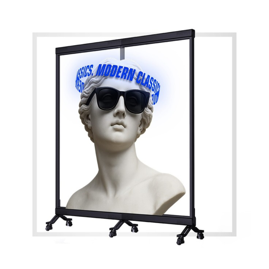 A statue of a woman wearing sunglasses and a headband that says modern class.