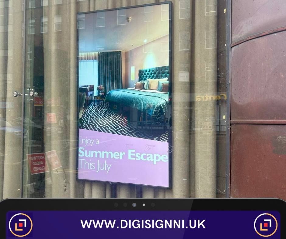 A digital sign in a window advertising a summer escape