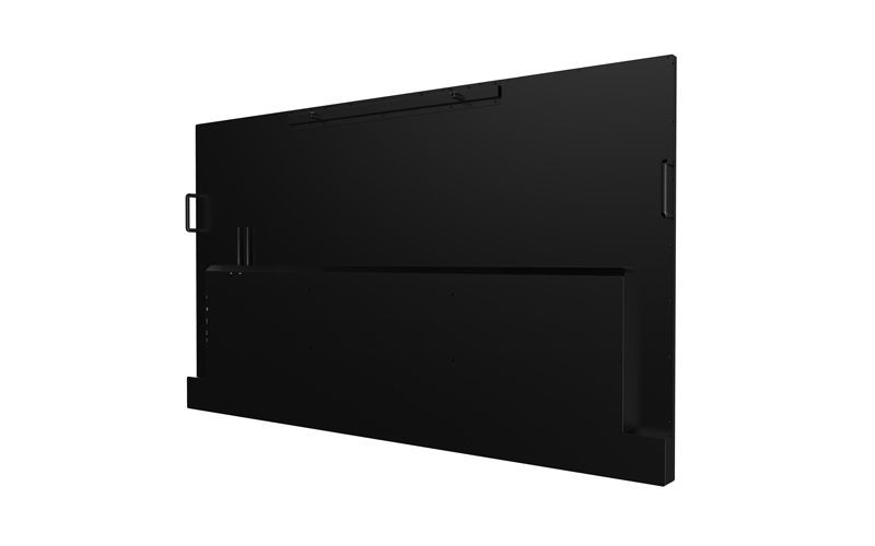 A black computer monitor is sitting on a white surface.