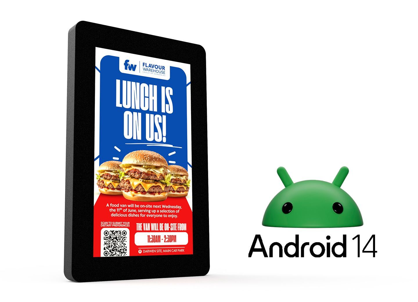 A tablet with a picture of a hamburger and the words lunch is on us.