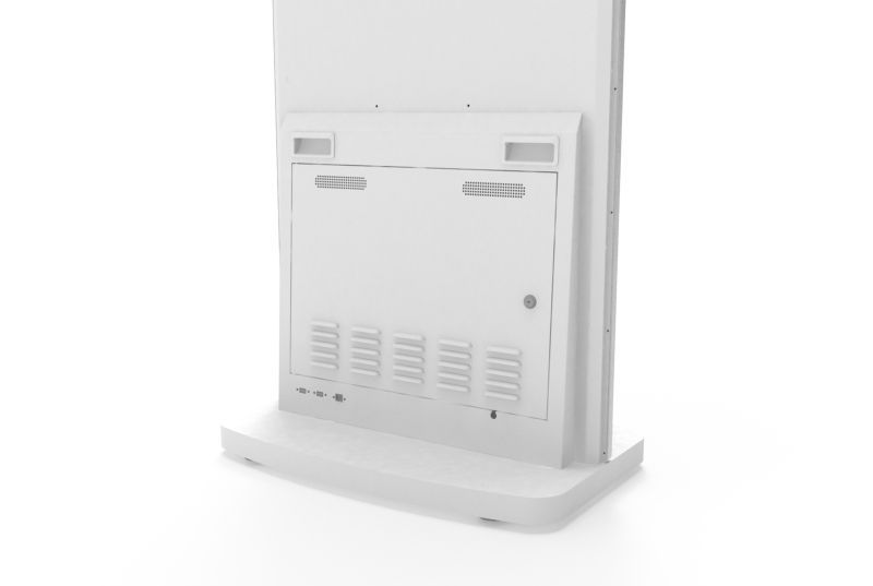 The back of a white kiosk with a metal case on a white background.
