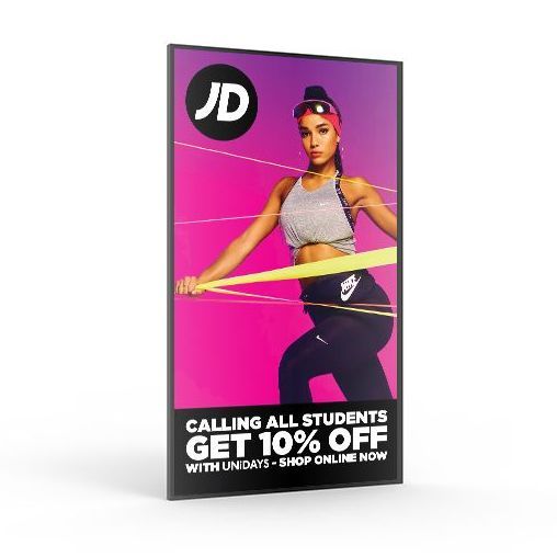 A poster for jd sports with a woman holding a hula hoop.