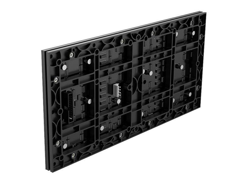 A black plastic block with holes in it on a white background.