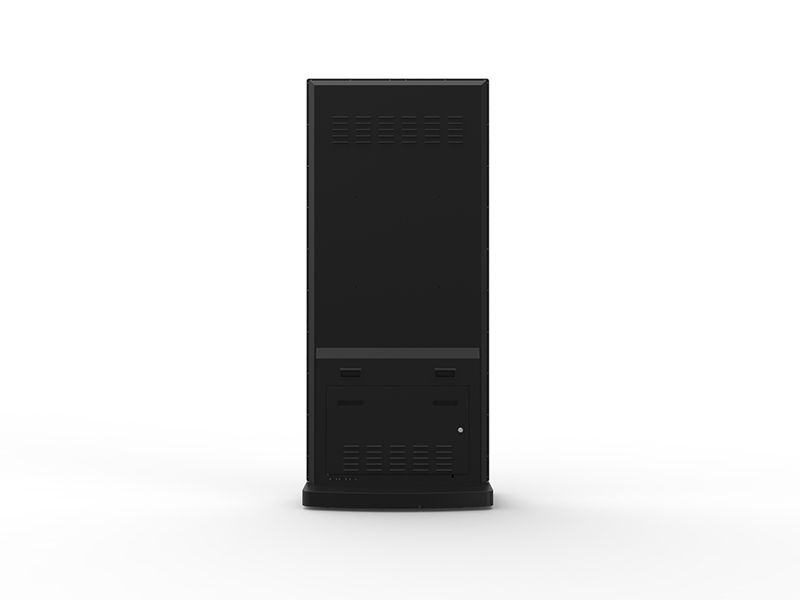 The back of a black computer on a white background.