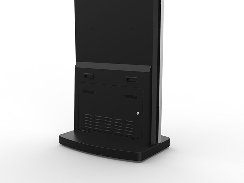 The back of a black kiosk with a white background.