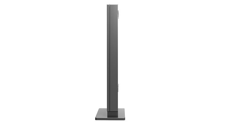 A black pole is sitting on top of a white surface.