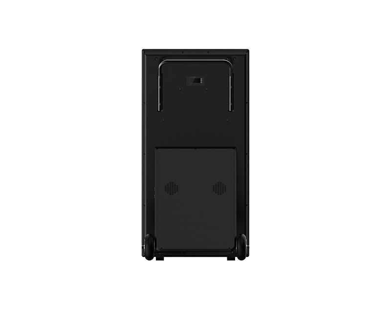 The back of a black computer case with wheels on a white background.