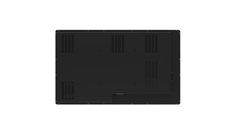 The back of a computer monitor with holes in it on a white background.