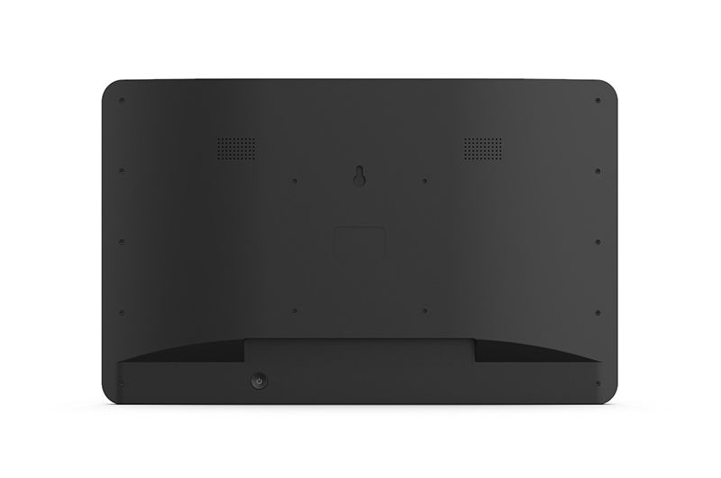 The back of a black flat screen tv on a white background.