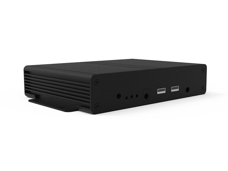 A black box with a lot of ports on it on a white background.