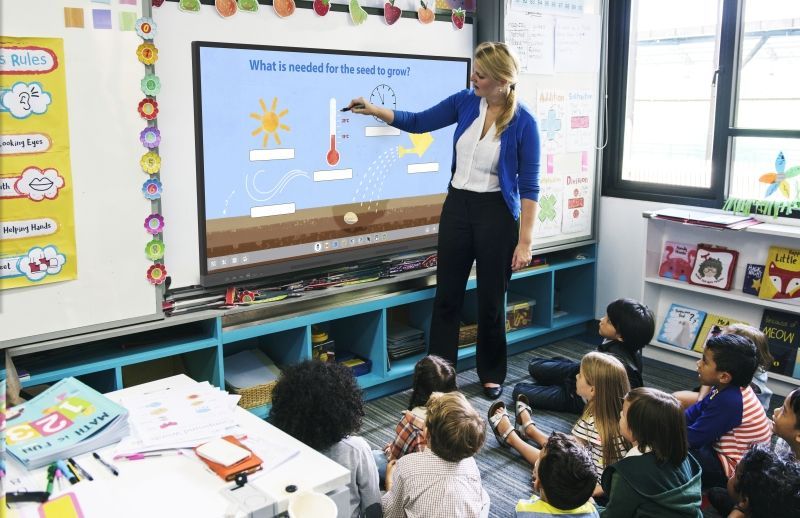 A teacher is teaching a group of children in a classroom.
