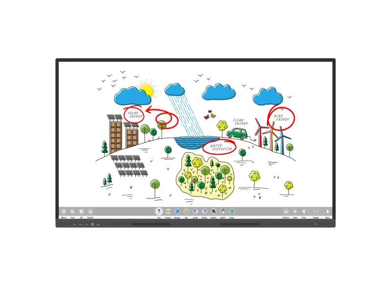 A computer monitor with a drawing of a city on it.