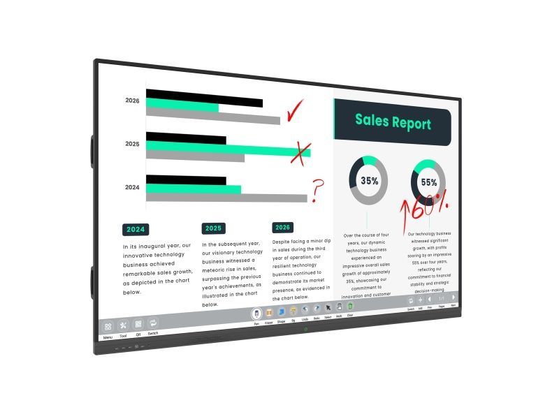 A computer monitor with a sales report on it.