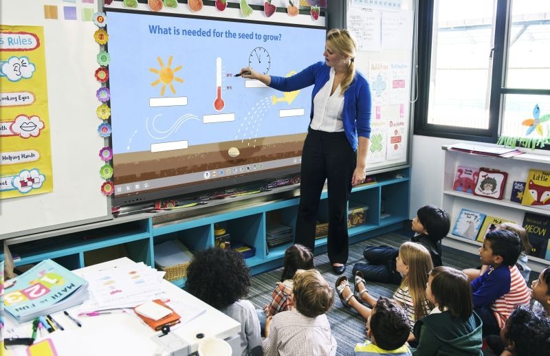A teacher is teaching a group of children in a classroom.
