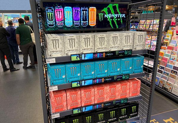 A display of monster energy drinks in a store.