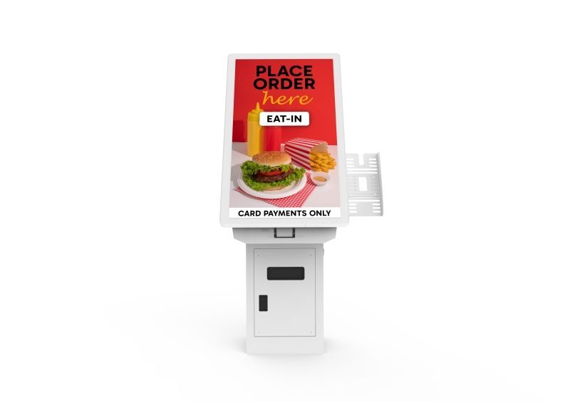 A place order here kiosk with a hamburger and french fries on it.