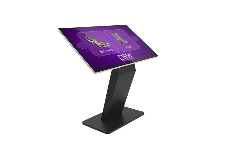 A purple and black kiosk with a purple screen on a white background.