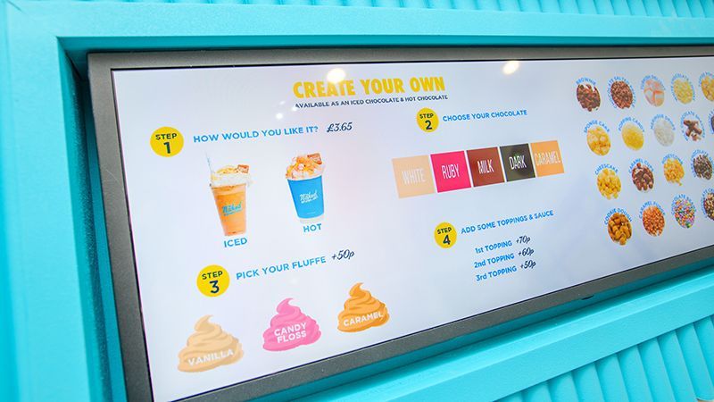 A large screen displays a menu for a restaurant.