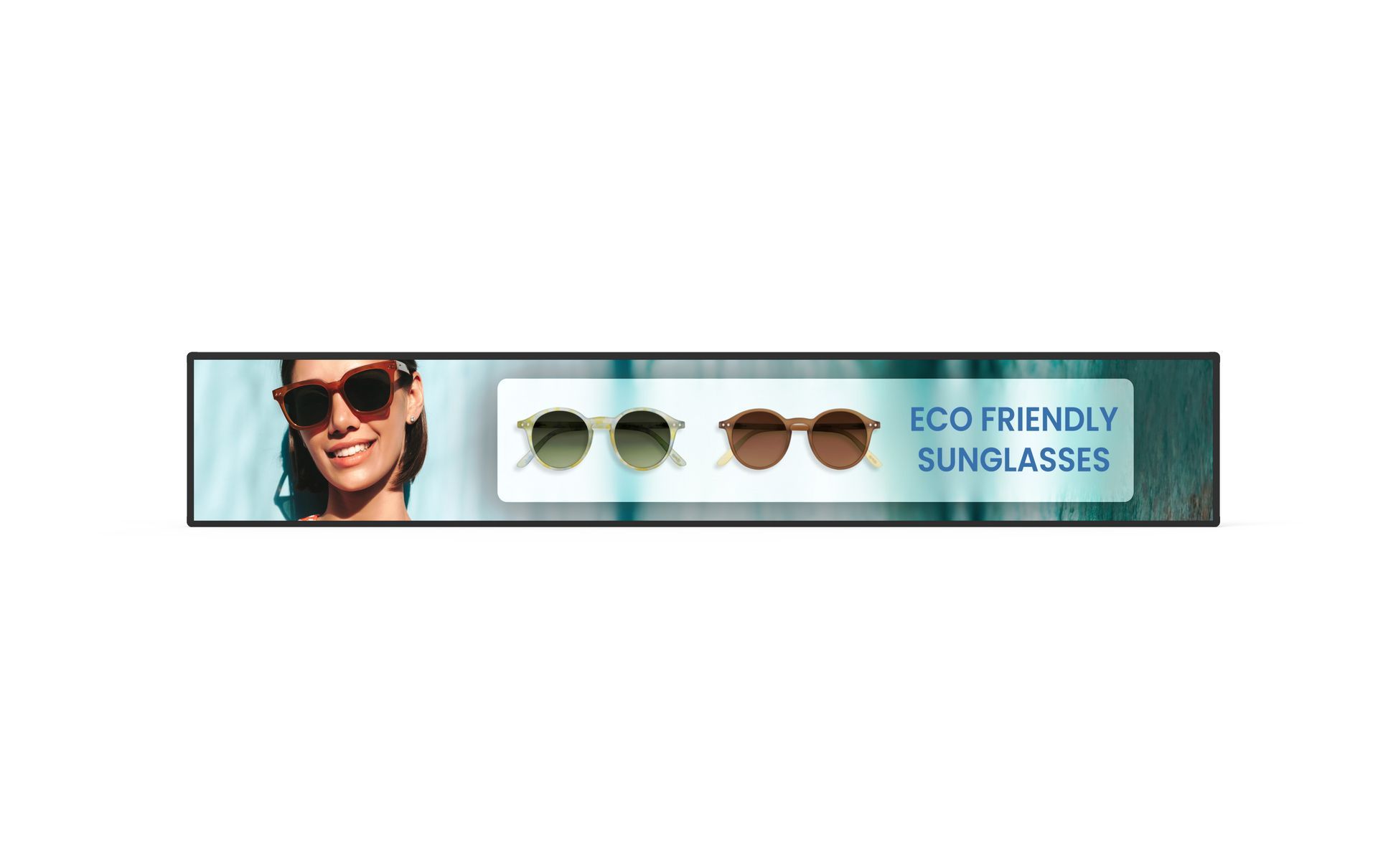 A banner for eco friendly sunglasses with a picture of a woman wearing sunglasses.