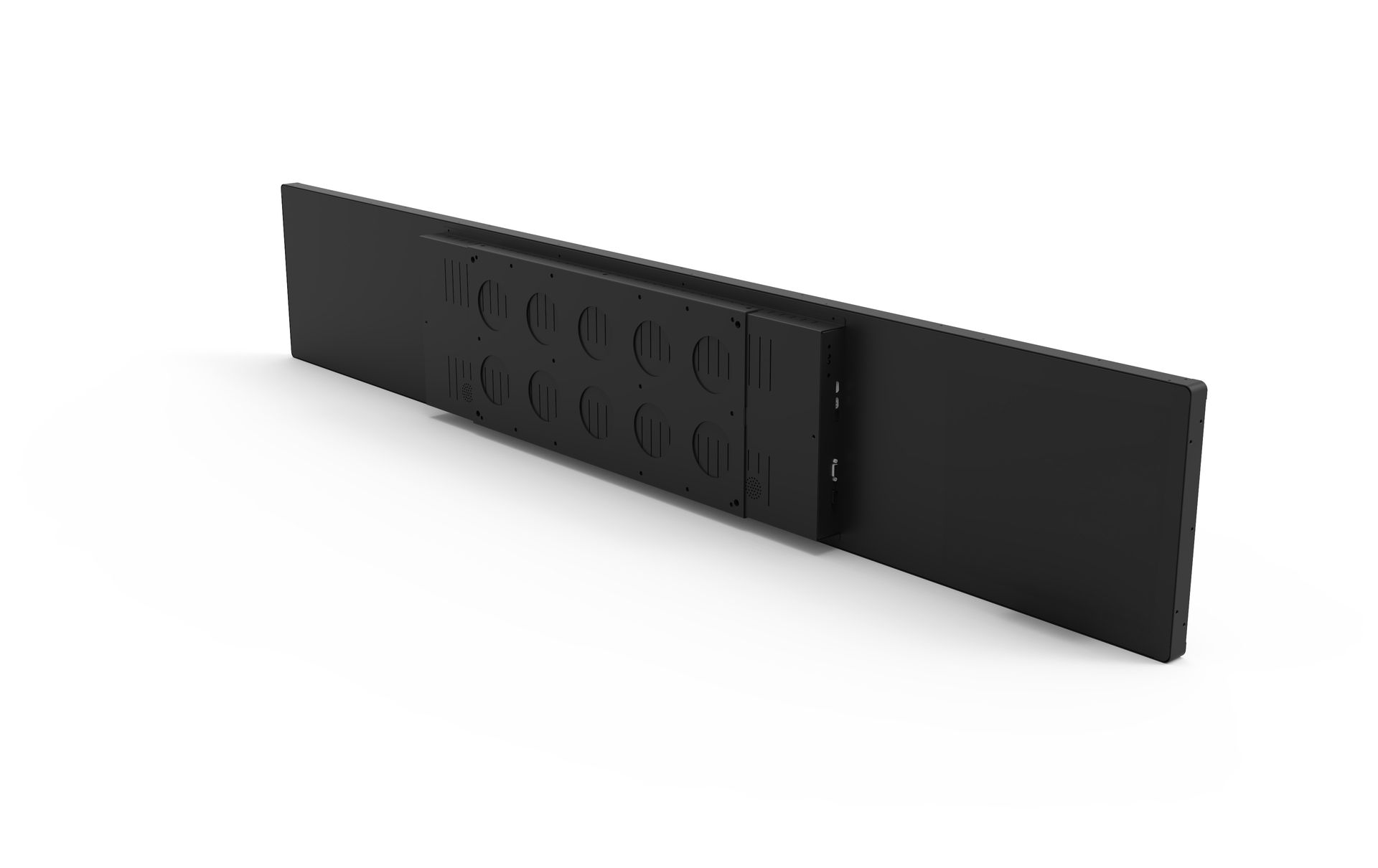A black remote control is sitting on a white surface.