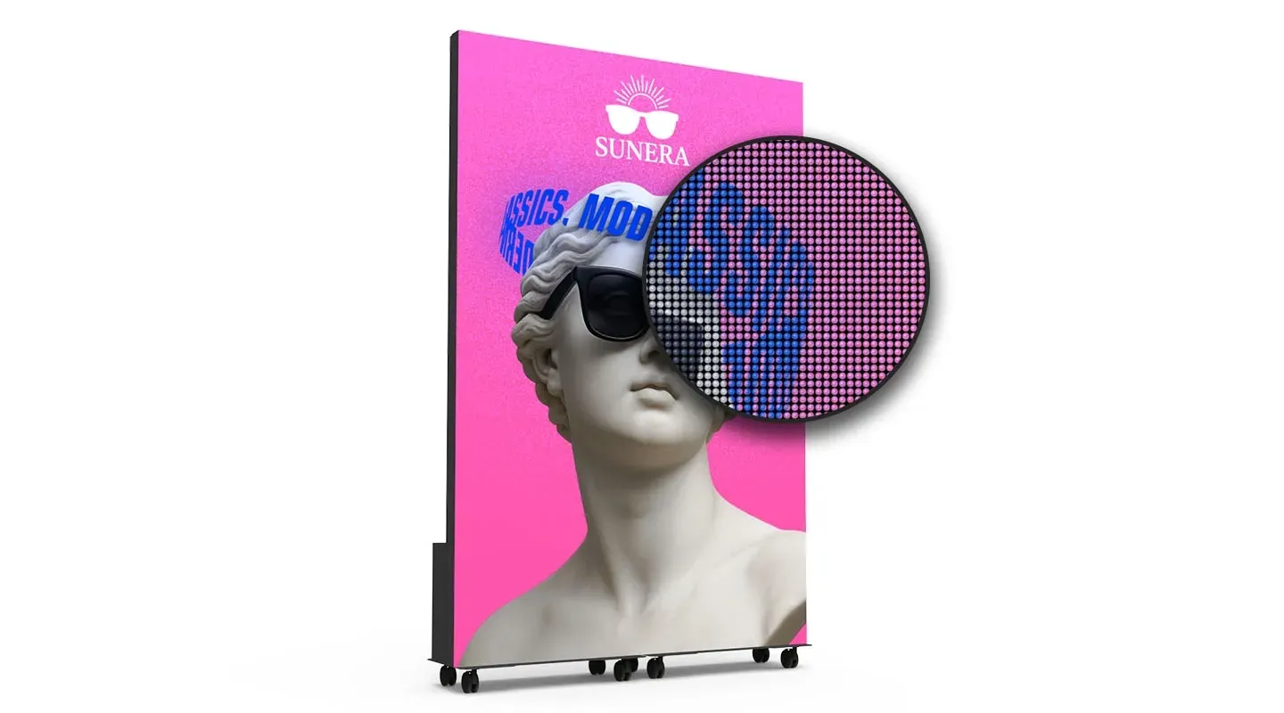 A backlit advertising display featuring a pink background and a statue wearing sunglasses, close-up shows printed pixel detail.