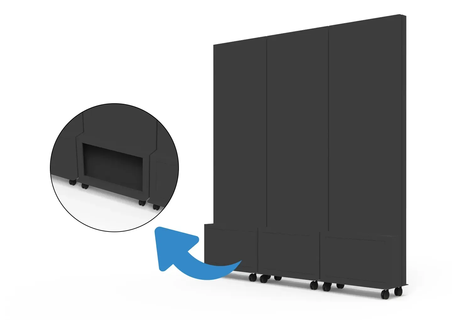 Three black modular room dividers with casters, and a close-up of the caster base. A blue arrow points from the base detail to the dividers.