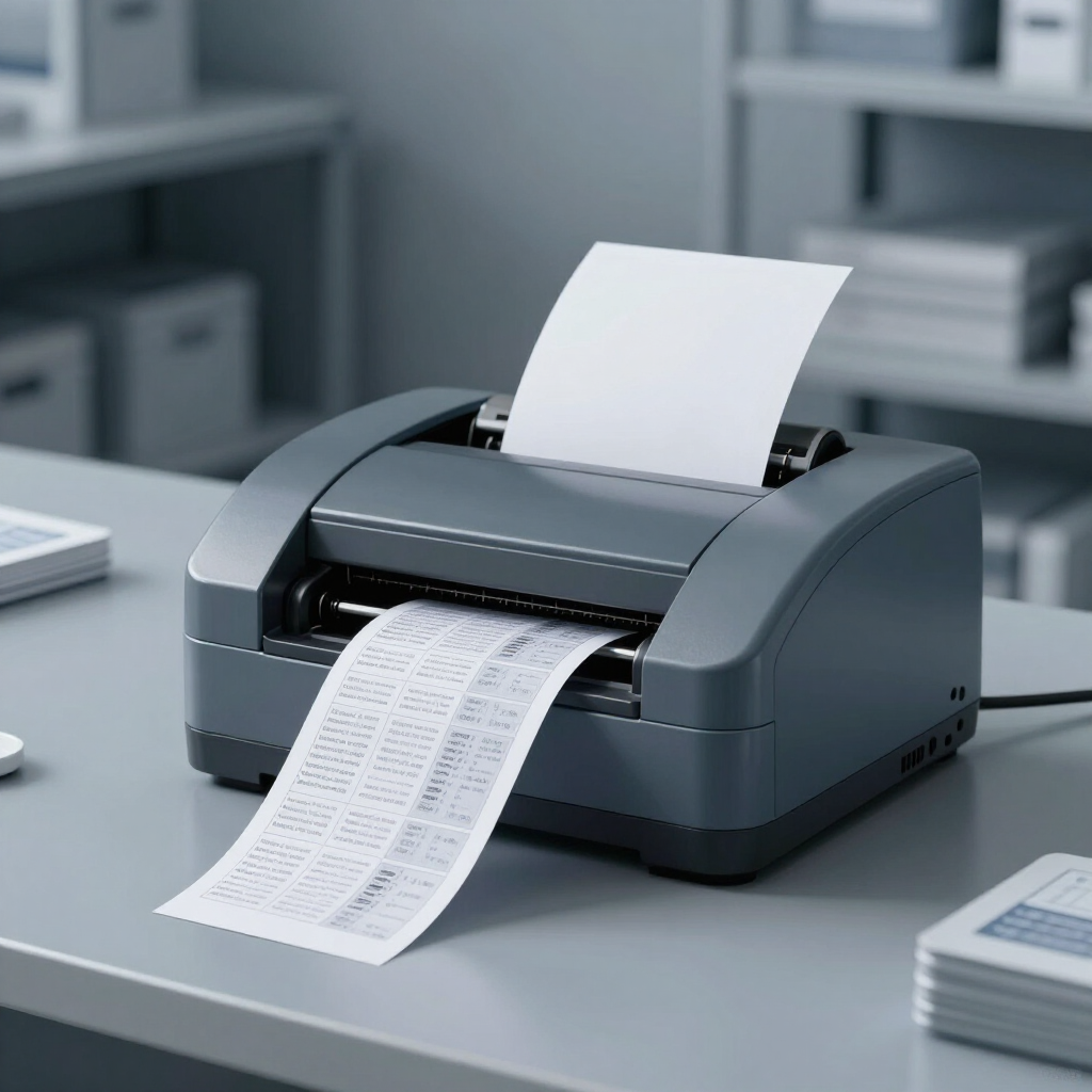 Impresora de escritorio imprimiendo un recibo largo en un entorno de oficina gris.