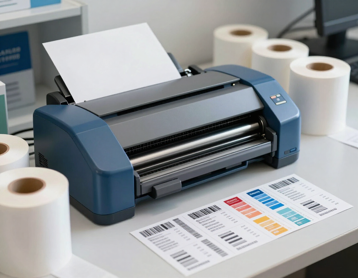 Impresora de transferencia térmica con rollos y muestras de impresión
