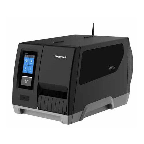Impresora de etiquetas industrial Honeywell negra con pantalla táctil y antena sobre fondo blanco.