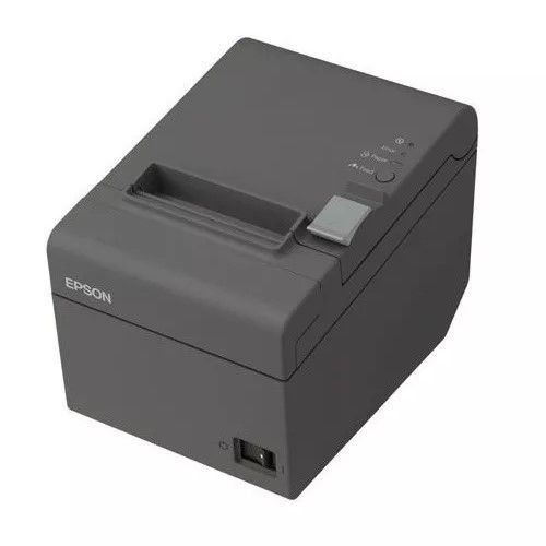 Impresora de recibos Epson negra con ranura para papel y botón de encendido sobre fondo gris.
