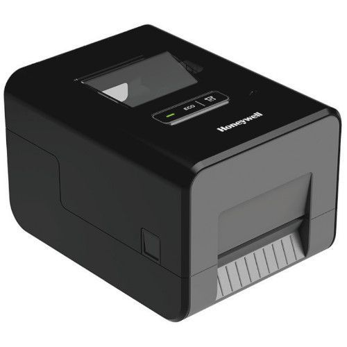 Impresora de etiquetas de escritorio negra con ranura frontal para papel y panel de control superior.